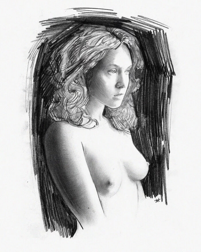 Arina - NSFW, My, Art, Drawing, Pencil drawing, Portrait, Erotic, Girls, Boobs