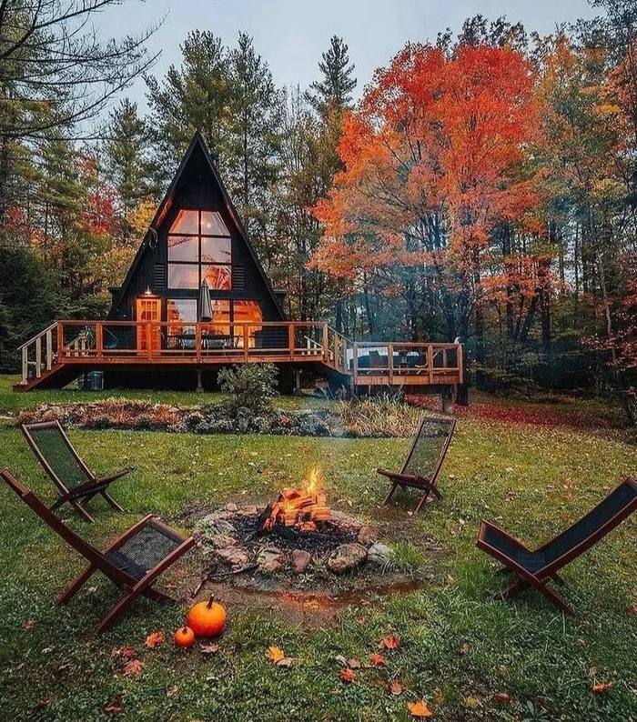 Autumn - Spring - House, Architecture, Autumn, Christmas trees, Bonfire, Dacha