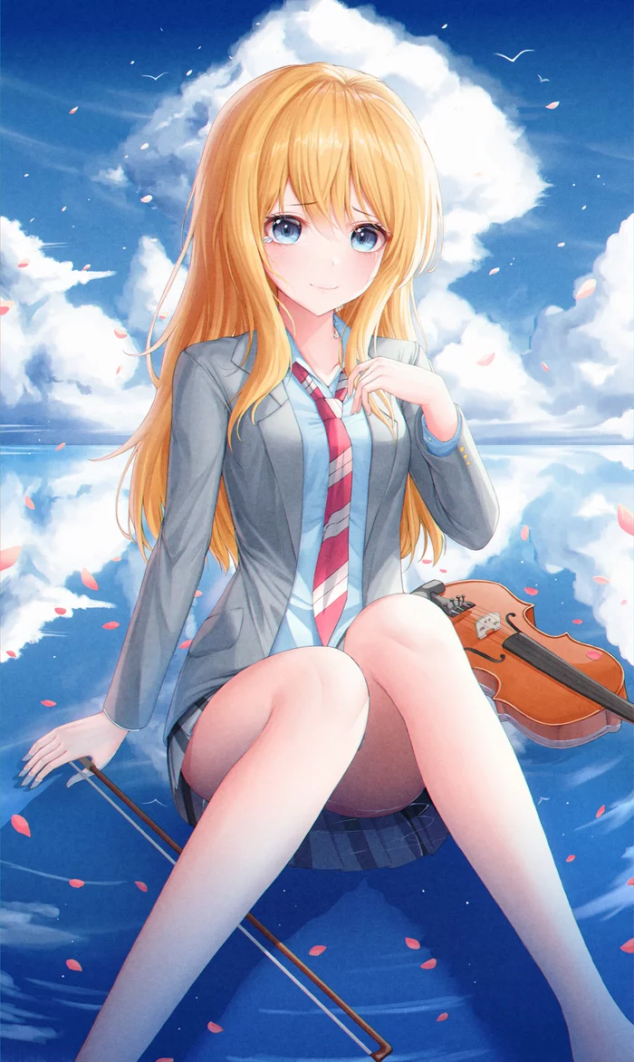 Каори Миязоно - Anime Art, Аниме, Девушки, Рисунок, Pixiv, Shigatsu wa Kimi no Uso, Miyazono kaori, Seifuku, Скрипка, Небо, Отражение, Лепестки