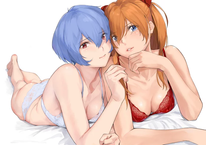 Сюрприз для Синдзи - NSFW, Арт, Аниме, Anime Art, Evangelion, Rei Ayanami, Asuka Langley, Девушки, Эротика, Рисованная эротика, Нижнее белье, Сиськи, Попа, Панцу