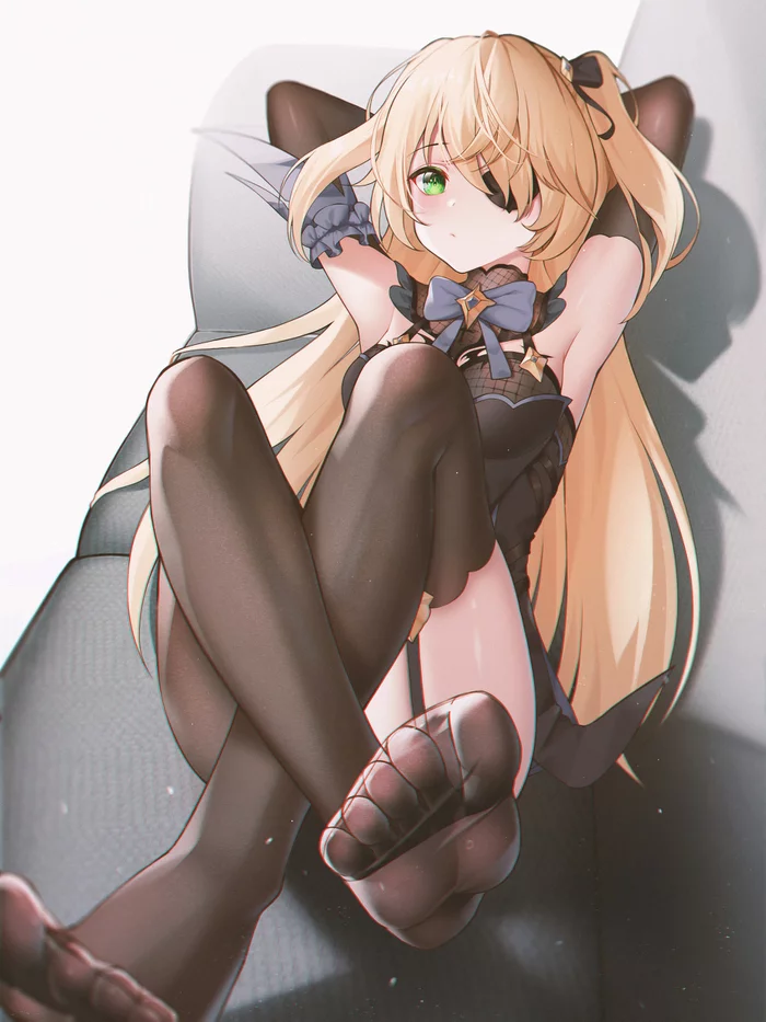 Lies silent - Anime, Anime art, Genshin impact, Fischl, Foot fetish, Tights, Stockings