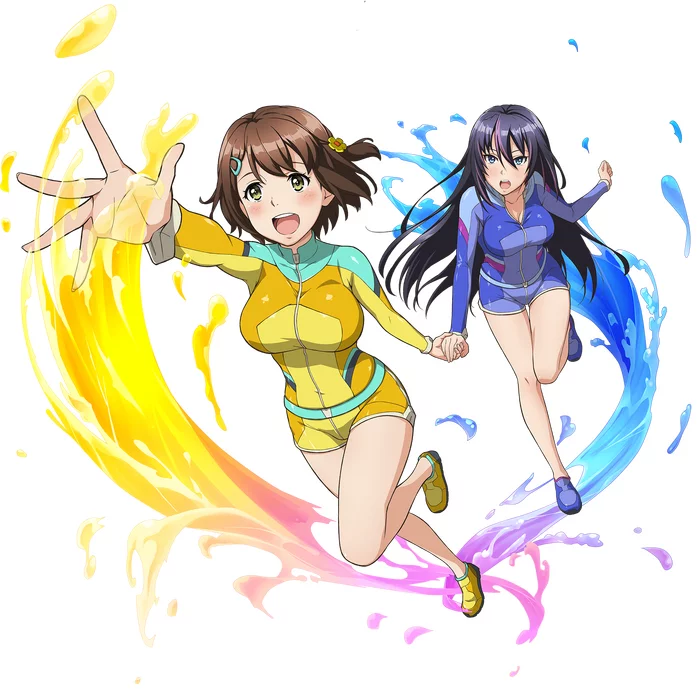 Kandagawa Jet Girls - Anime art, Anime, Girls, Drawing, Pixiv, PNG, Vectorart, Bodysuit, Seifuku, Holding hands, Run, Game art