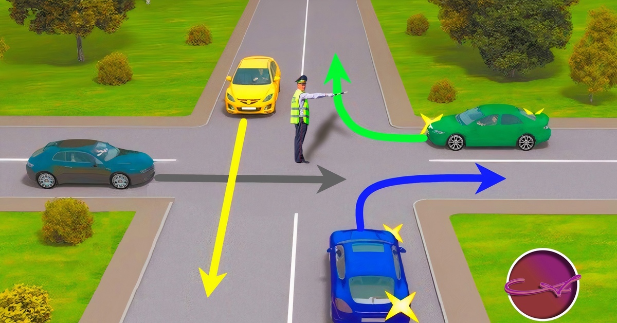 Зеленый автомобиль проедет перекресток. Разрешающий обгон справа. Сигналы регулировщика. Кто проедет перекресток первым. Регулировщик на перекрестке.