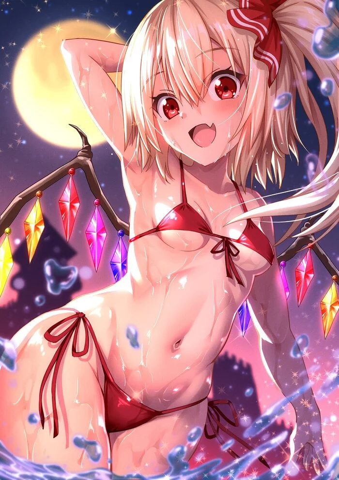 Flandre Scarlet - NSFW, Touhou, Flandre Scarlet, Аниме, Anime Art, Hijikawa arashi, Купальник, Сиськи, Рисованная эротика, Эротика