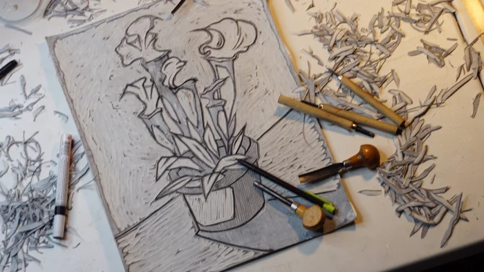 Series of linocuts part 1 - My, Linocut, Hobby, Plants, Art, Seal, Video, Vertical video, Longpost