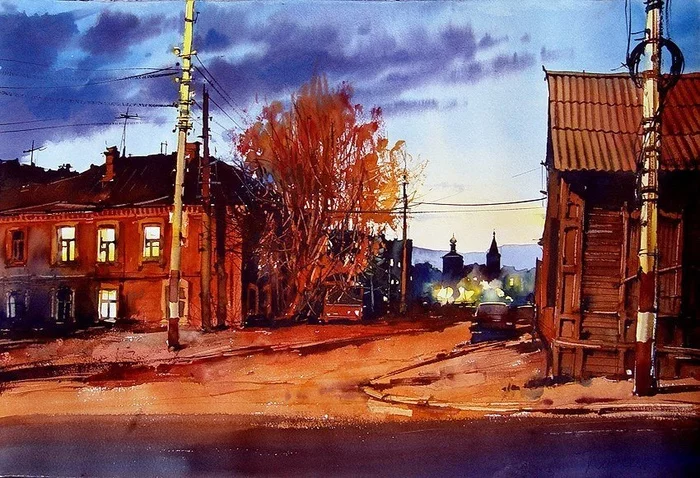 Urban landscapes by Vyacheslav Kurseev - Town, Landscape, Modern Art, Watercolor, Courtyard, Painting, Art, A selection, Longpost