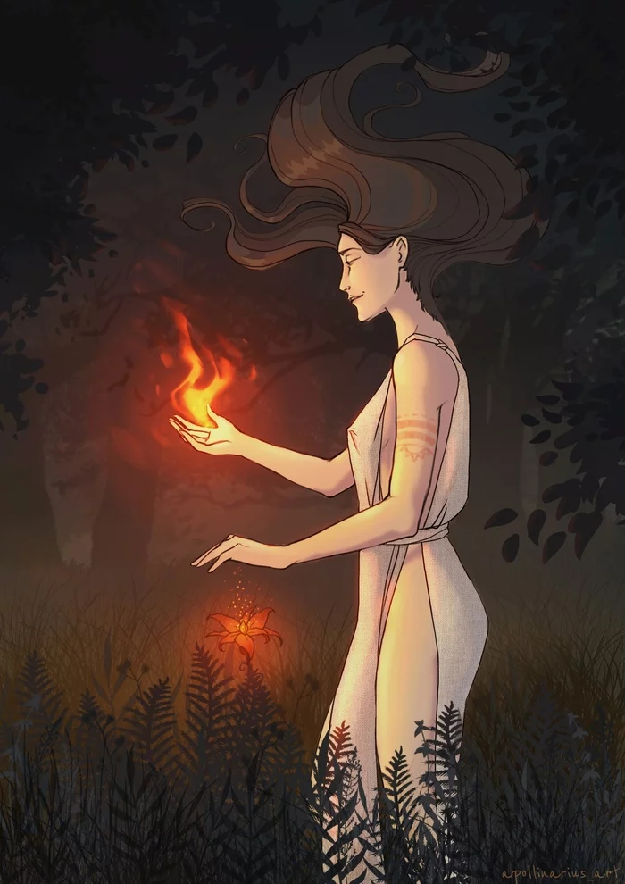 fern fire - My, Art, Digital drawing, Fantasy, Magic, Characters (edit), Story, Forest, Slavic fantasy, Slavic mythology