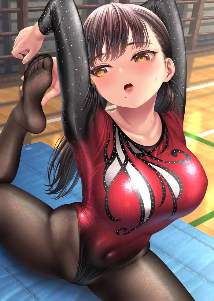 gymnast - NSFW, Art, Anime art, Original character, Girls, Erotic, Hand-drawn erotica, Boobs, Tights, Swimsuit, Leg-split, Sweating, Kase daiki, Longpost