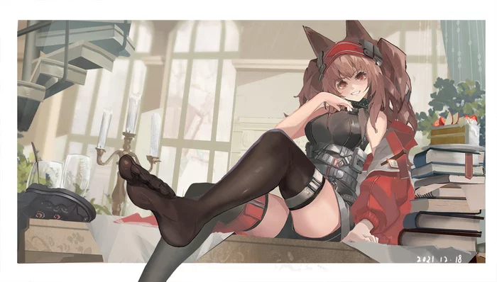 Angelina - Аниме, Anime Art, Arknights, Angelina (Arknights), Animal Ears, Чулки