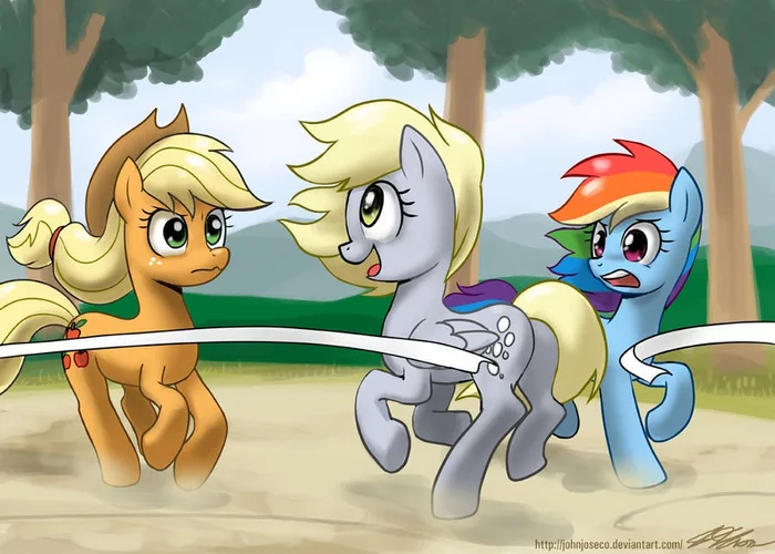 And what, did we run a race? - My little pony, Derpy hooves, Rainbow dash, Applejack, John joseco