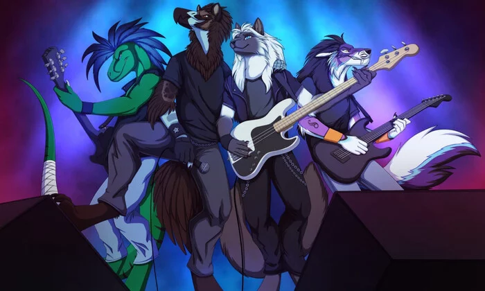 Rock band - Musicians, Furry, Art, Collab, Furry cat, Furry wolf, Rock, Furry scalie