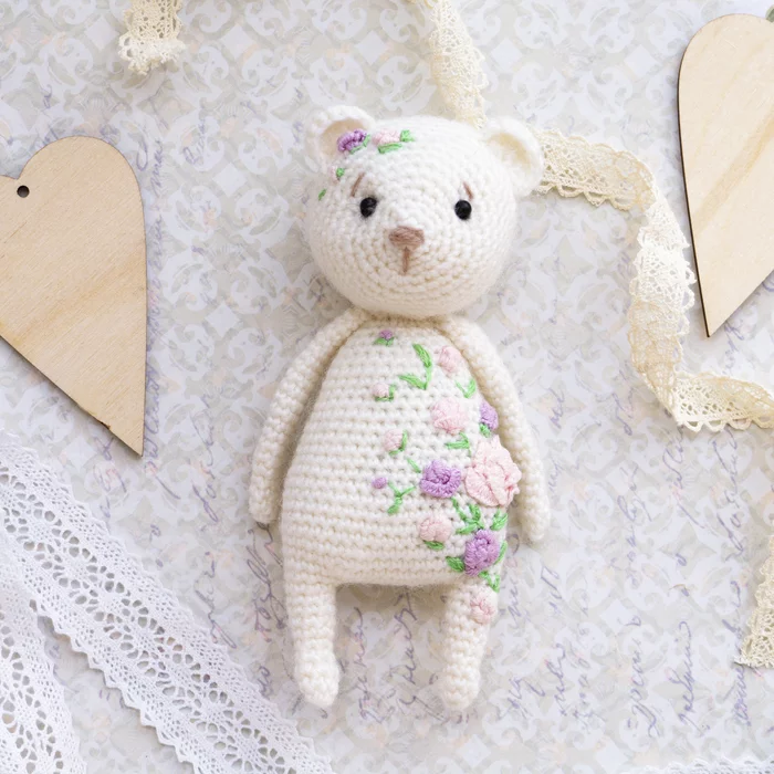 Bear with embroidery - My, Knitting, Needlework, Knitting, Cross-stitch, Satin stitch embroidery, Knitted toys, Crochet, Soft toy, Amigurumi, Embroidery, Presents, Longpost