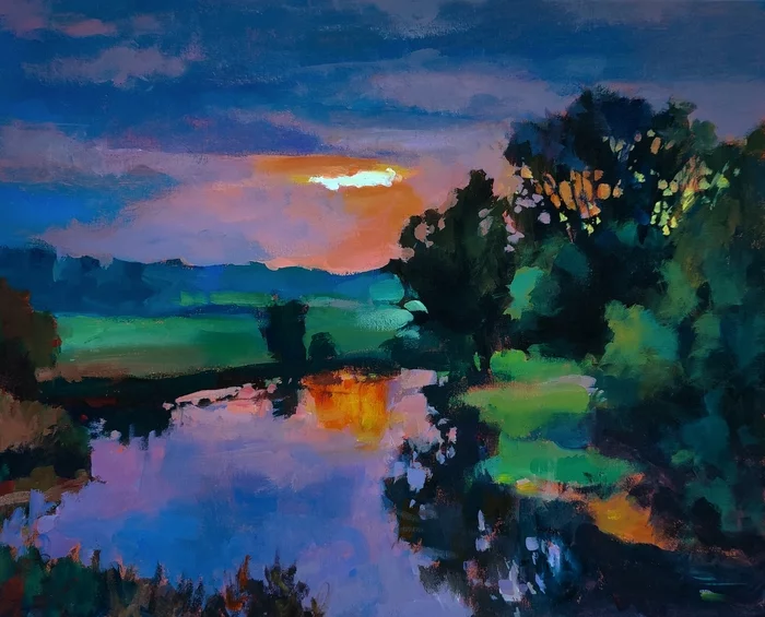 By the water - My, Landscape, Painting, Evening, River, Nature, Drawing, Painting, Artist