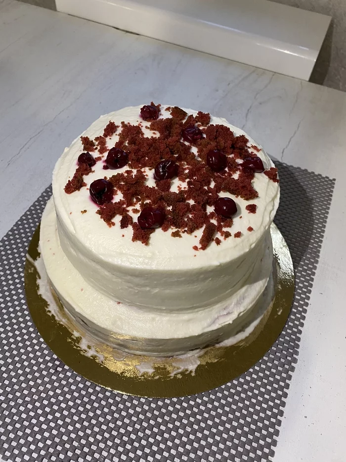 Red Velvet Cake - My, Cake, Red Velvet, Cherry, Longpost, Recipe, Dessert