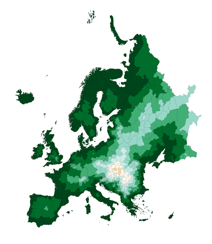 Удалённость регионов от океана (государственные границы не учитываются)