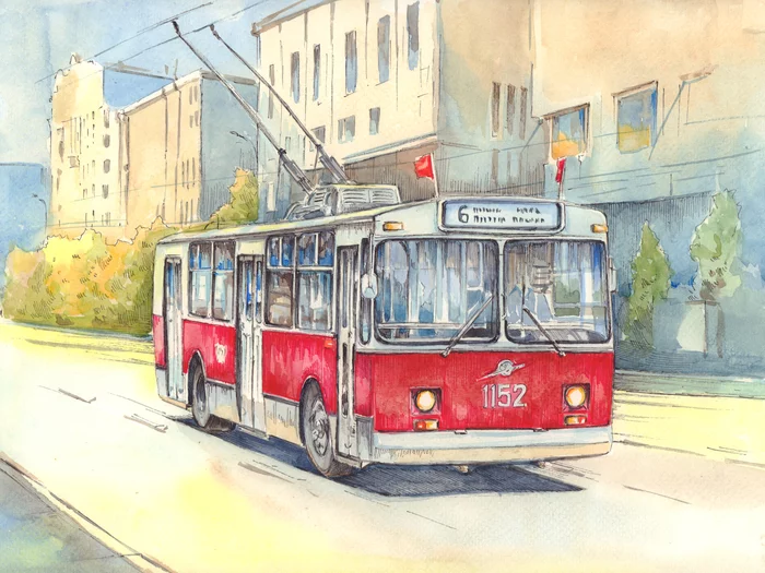 Trolleybuses from the project Ticket to Childhood - My, Transport, Watercolor, the USSR, Public transport, Trolleybus, Longpost