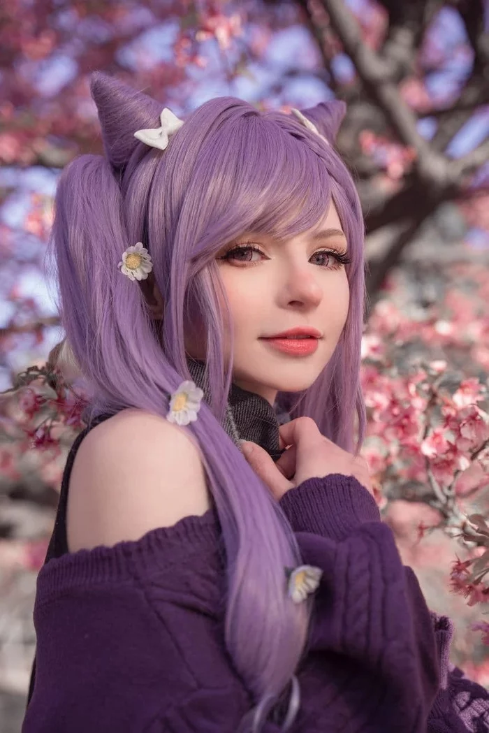 In cherry blossom - Girls, beauty, Purple hair, Sakura, The photo