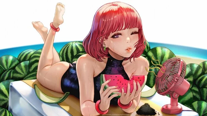 Do you want watermelon? - Drawing, Summer, Girls, Watermelon, Magion02, Anime art, Art