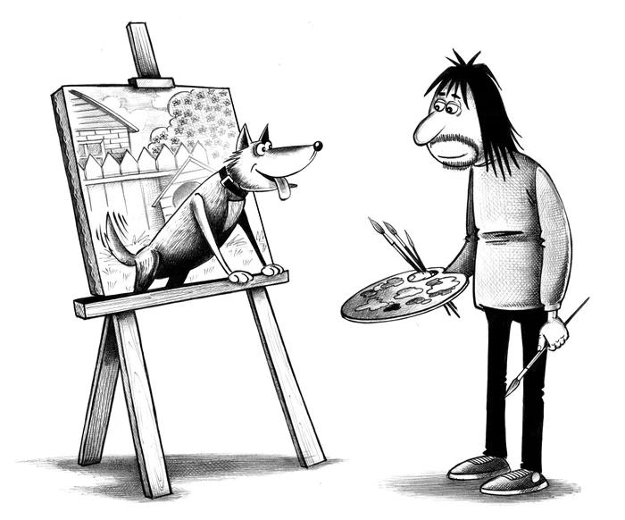 Happy Artist's Day! - My, Sergey Korsun, Caricature, Graphics, Pen drawing, Dog, Artist