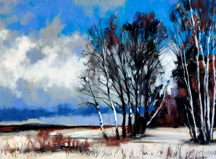 Winter day - My, Landscape, Sky, Painting, Drawing process, Clouds, Art, Drawing, Field, Artist, Dry pastel, Winter, Video, Youtube