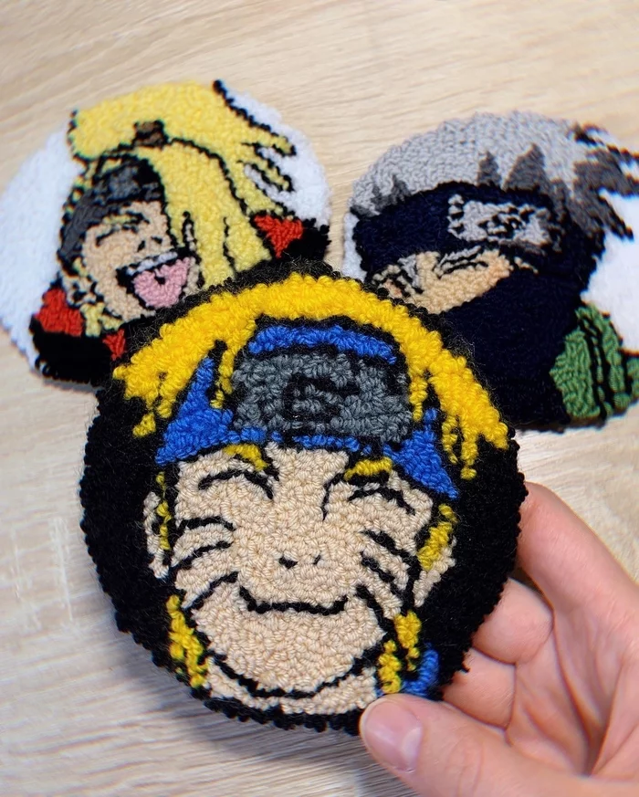 Mug coasters with Naruto, Kakashi, Deidara or a small pano embroidered in carpet technique - My, Naruto, Anime, Kakashi Hatake, Embroidery, Bonfire, Longpost, Needlework without process