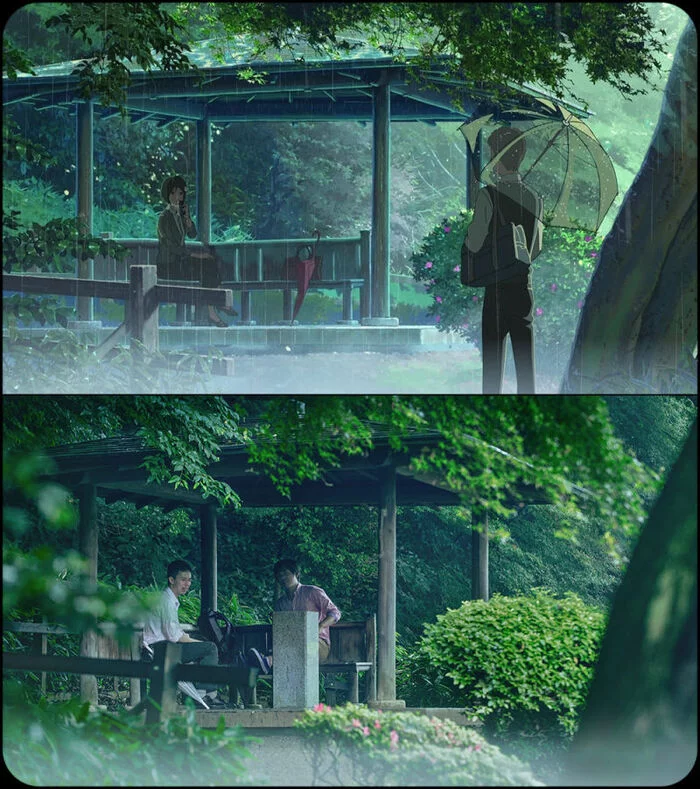 An anime frame of Makoto Shinkai and a photo of a real place - Anime, Kotonoha no Niwa, Makoto Shinkai, I advise you to look, Overview, What to see, Drama