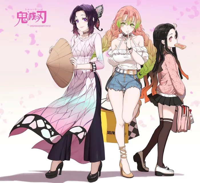 In everyday attire - Kimetsu no yaiba, Kochou shinobu, Mitsuri Kanroji, Nezuko Kamado, Anime art, Anime