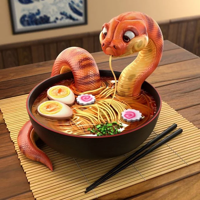 Nyamka - Art, Digital drawing, Snake, Soup, Noodles, Chinese cuisine, Ramen