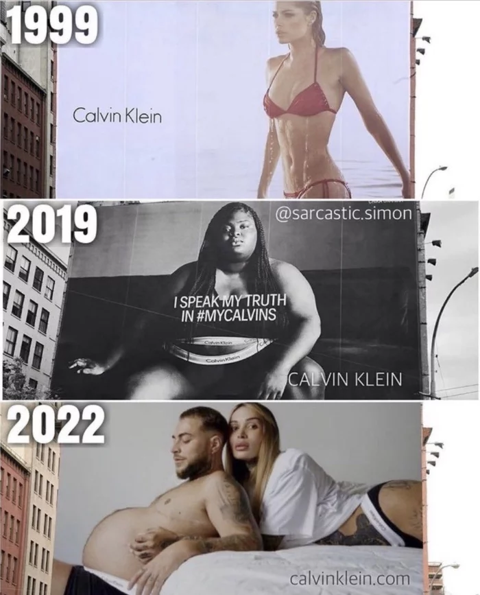 I wonder what they have in store for us for 2029... - Picture with text, Vital, Calvin Klein, Body positive, Black lives matter, Pregnant man