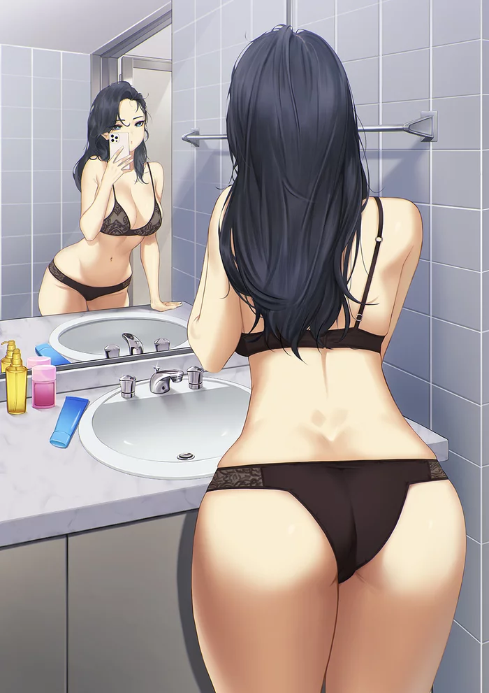 Selfie - NSFW, Drawing, Girls, Bathroom, Selfie, Mirror, Blueorca, Anime art, Art