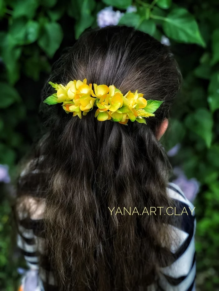 Hairpin with hydrangea in bright color - My, Handmade, Cold porcelain, Barrette, Longpost, Needlework without process