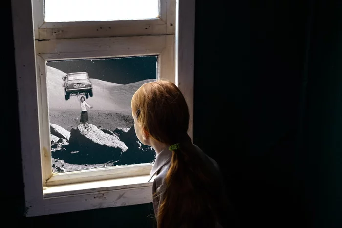 Daughter watches mom walk dad to work - Photoshop, The photo, Collage, Space, Window