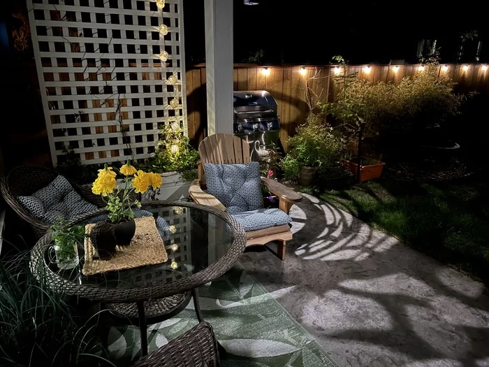 Yard - My, Courtyard, Night, Darkness, Spring, Table, Chair, Grass, Fence, Bulb, Light, Lighting, Silence, Calmness, beauty, Canada