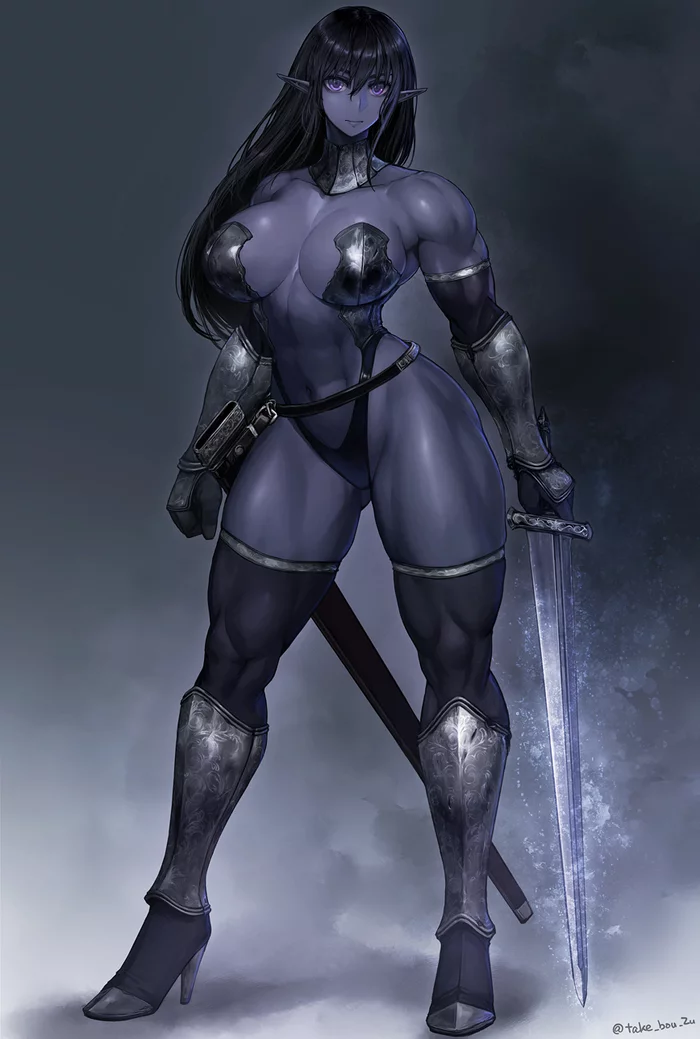 Drow warrior - NSFW, Takebouzu, Art, Hand-drawn erotica, Fantasy, Drow, Dark Elf, Strong girl