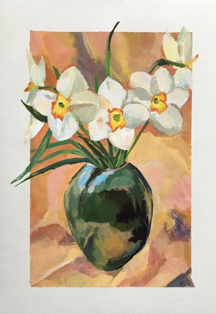 daffodils - My, Luboff00, Tempera, Paper, Painting, Bouquet, Daffodils flowers, Flowers, Still life, Drawing