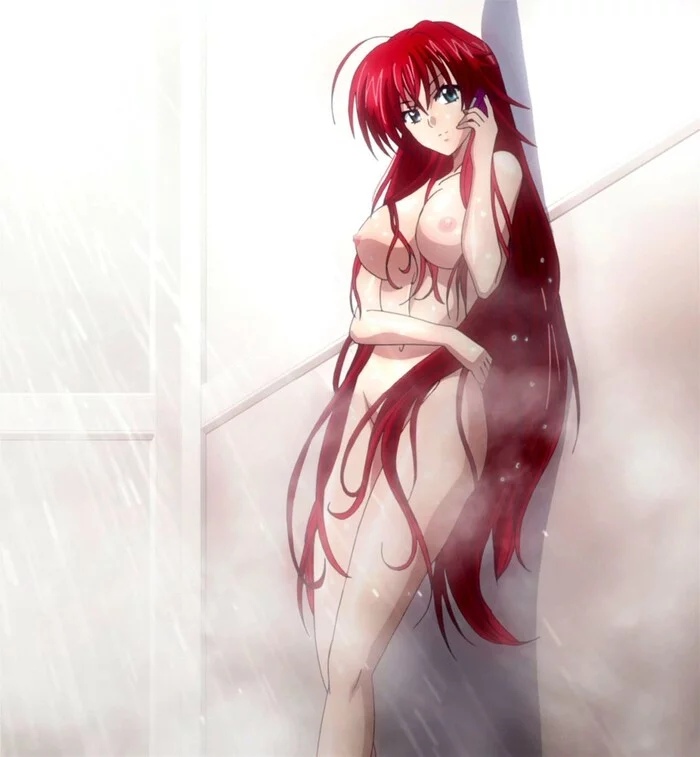 Good to have a waterproof phone - NSFW, Erotic, Boobs, Nudity, Hand-drawn erotica, Anime art, High School DXD, Rias Gremory, Anime, Etty, Shower, Art, Digital drawing, Red hair