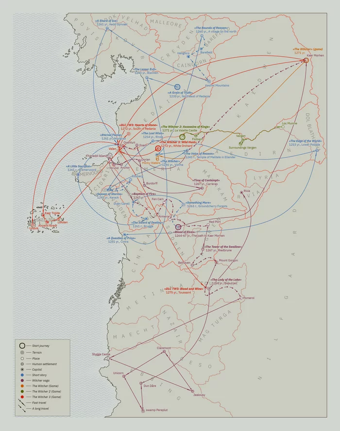 Карта перемещения Геральта по землям Неверленда - Моё, Ведьмак, Ведьмак 3: Дикая охота, Геральт из Ривии, Графический дизайн, Карты, Длиннопост