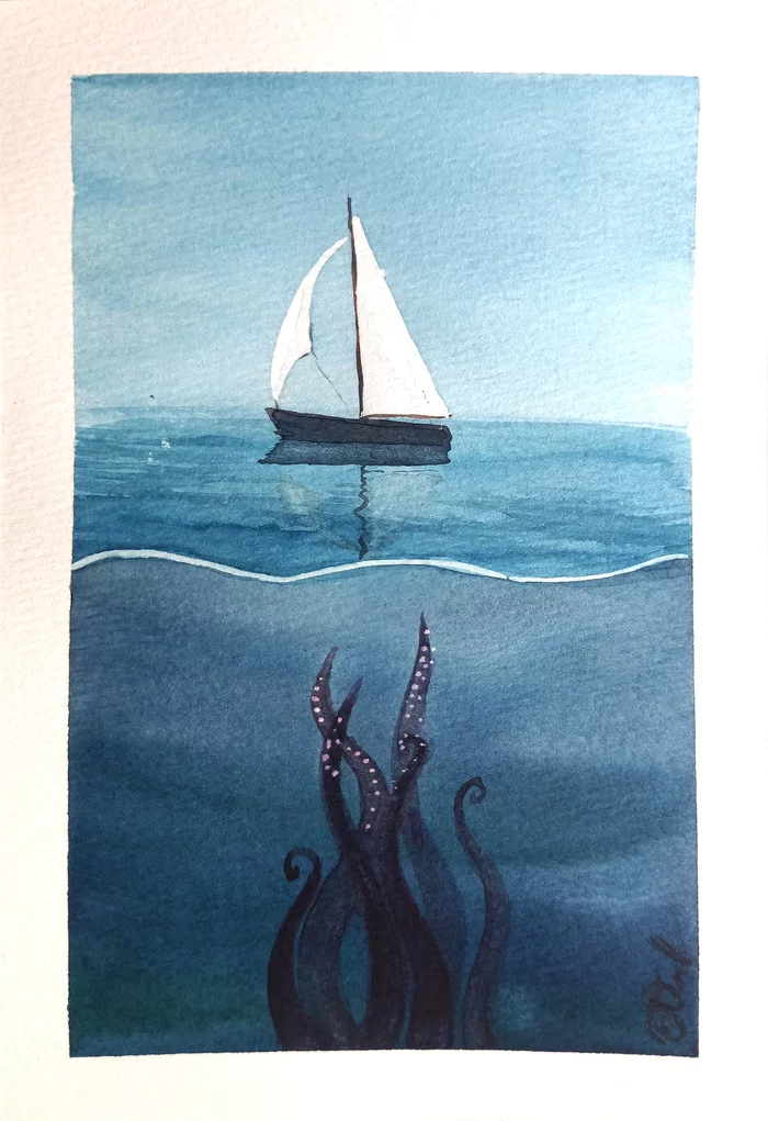 Alarm postcards - My, Watercolor, Drawing, Sea, Monster, Longpost