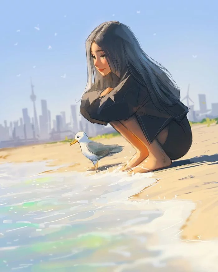 Summer - Drawing, Summer, Ocean, Seagulls, Girls, Tessa, Original character, Sam yang, Art