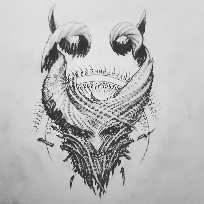 Demon Monarch - My, Pencil drawing, Demon, Tattoo, Sight, Horns