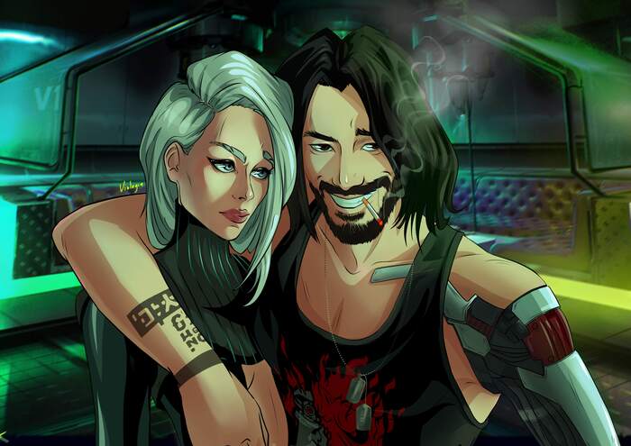 Johnny Silverhand with my character V - My, Cyberpunk 2077, Characters (edit), Art, Game art, Krita, Johnny Silverhand, CD Projekt