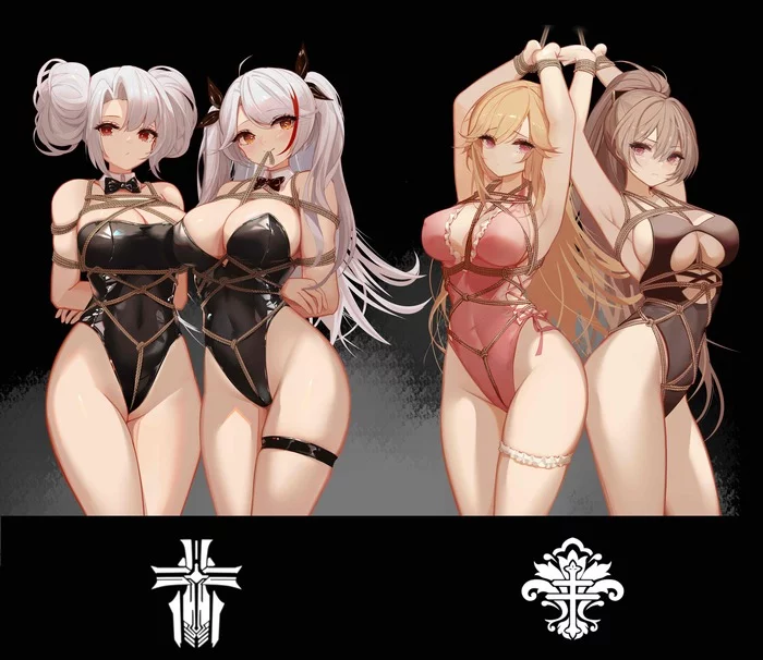 Azur Lane Shibari - NSFW, Anime, Anime art, Azur lane, Jean Bart, Prinz Eugen, Richelieu, Shibari, Boobs, Hand-drawn erotica, Erotic, Longpost, Prinz Adalbert