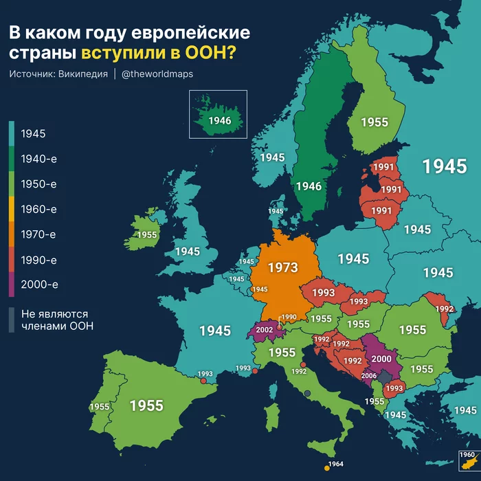 В каком году европейские страны вступили в Организацию Объединенных Наций (ООН)? - Моё, Карты, География, ООН, История, Инфографика, Европа