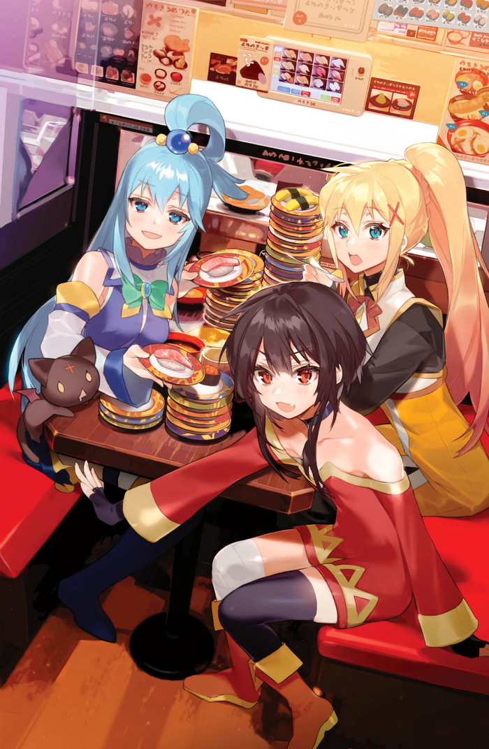 Sushi party Konosuba, Darkness, Aqua, Megumin, Chomusuke, Anime Art, 