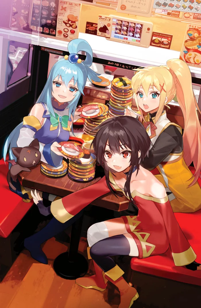 Sushi party - Konosuba, Darkness, Aqua, Megumin, Chomusuke, Anime Art, Аниме