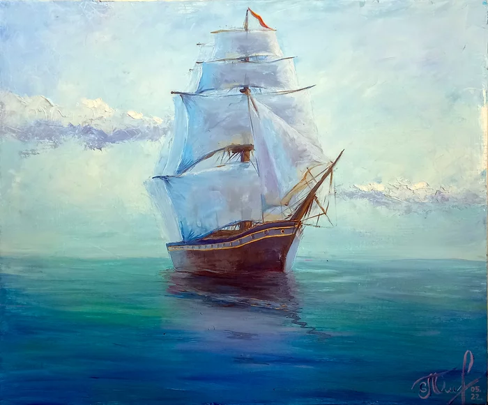 Endless sea - My, Oil painting, Sea, Painting, Landscape, Ship, Painting, Drawing, Palette knife