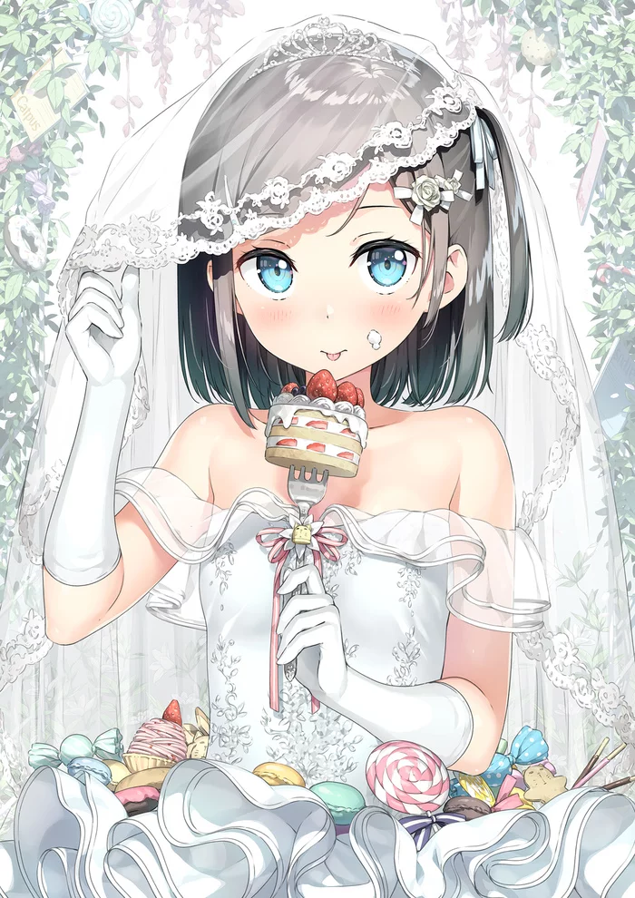 Wedding Tsukiko - Anime art, Anime, Girls, Drawing, Tsutsukakushi Tsukiko, Wedding Dress, Bride, Cake, Sweets, Cream, Kantoku, Henneko