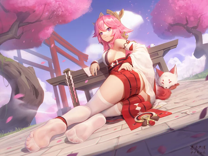 And it's beautiful here - Anime, Anime art, Genshin impact, Yae miko, Legs, Foot fetish, Stockings, Booty, Kitsune