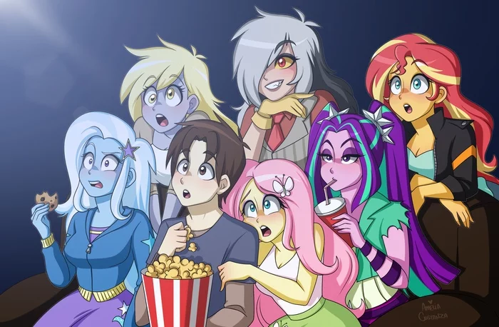 Watching something interesting - My little pony, PonyArt, Equestria girls, Humanization, Fluttershy, Trixie, Derpy hooves, Eris, Aria blaze, Sunset shimmer, Original character