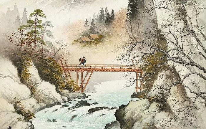 Perfect Japan Koukei Kojima - Modern Art, Art, Japan, Landscape, River, The mountains, House, Winter, Bridge, Longpost